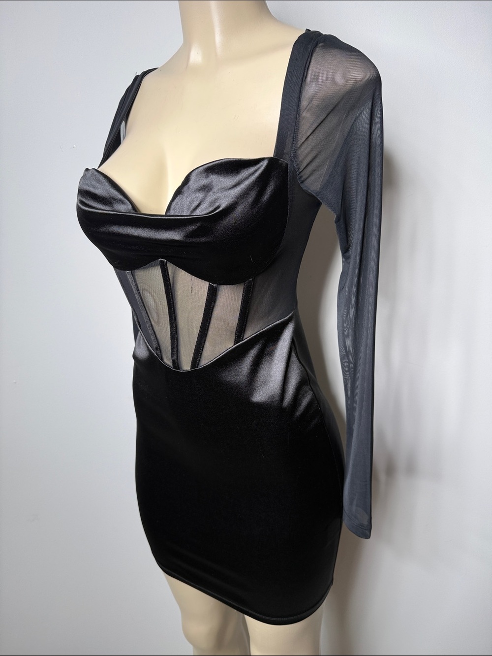 Princess Polly Black Satin & Mesh Long Sleeve Corset Mini Dress - Picture 4 of 9
